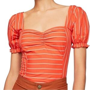 Free People Rose Garden Orange and White Ruched Puff Sleeve Blouse